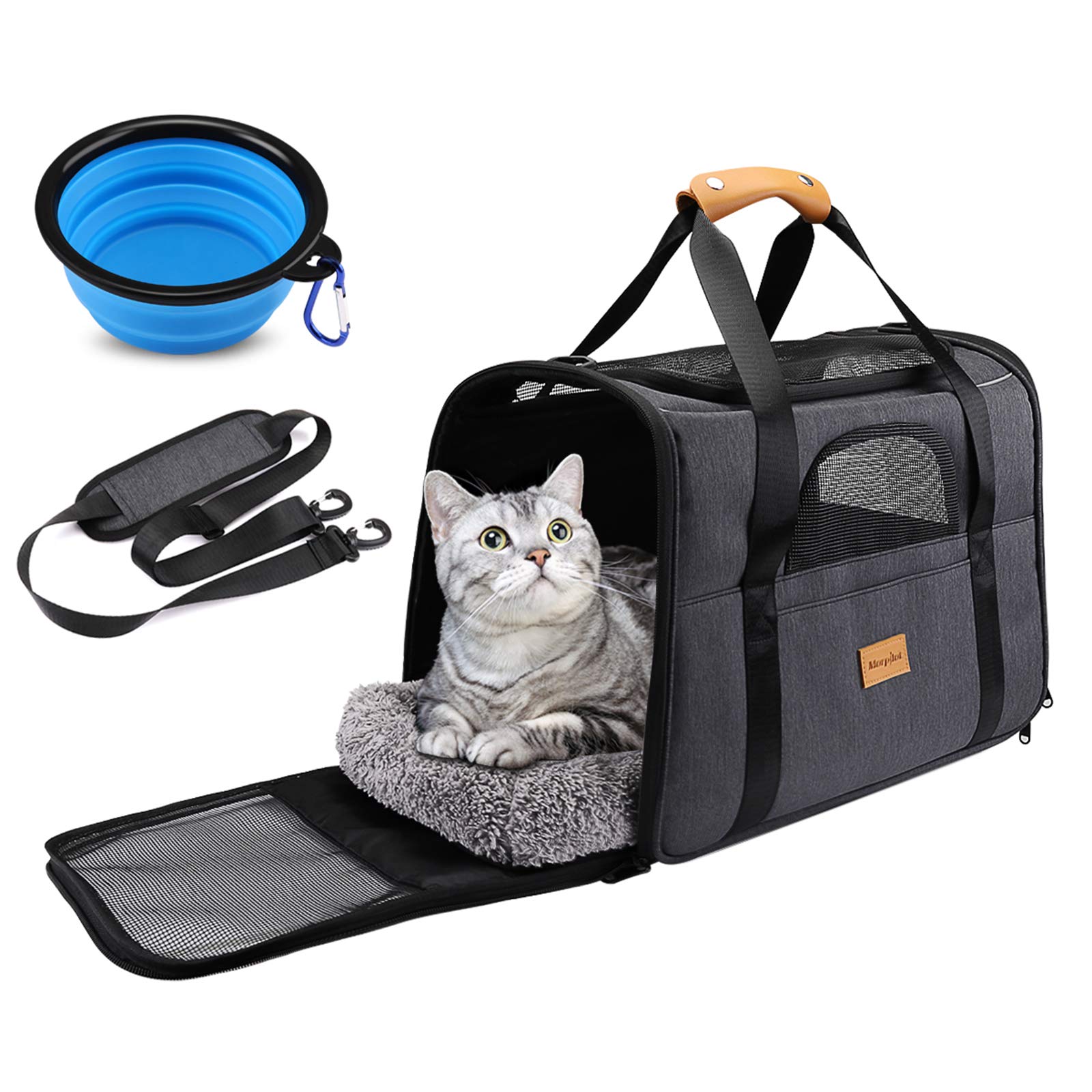 Morpilot Cat Carrier, Portable Pet Carrier Bag for Cats and Small Dogs, Foldable Soft Sided Cat Transport Carrier, Airline Approved Pet Travel Carrier with Shoulder Strap, Removable Mat and Pet Bowl