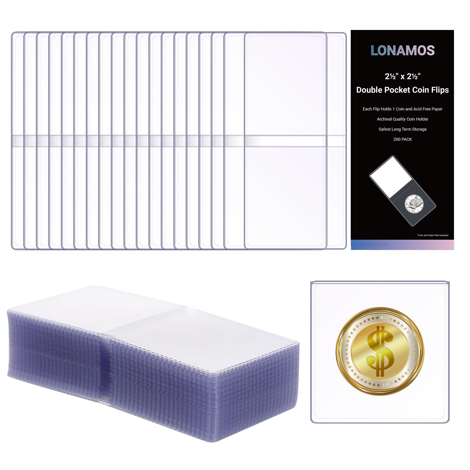 Photo 1 of 200-Pack 2.5 x 2.5 Inch Double-Pocket-Coin-Flips - Coin Pocket Holders, Unplasticized Coin Sleeves, Vinyl Coin Collection Holder for Long Term Coin Storage, Safety Coin Flips, Vinyl Coin Flips