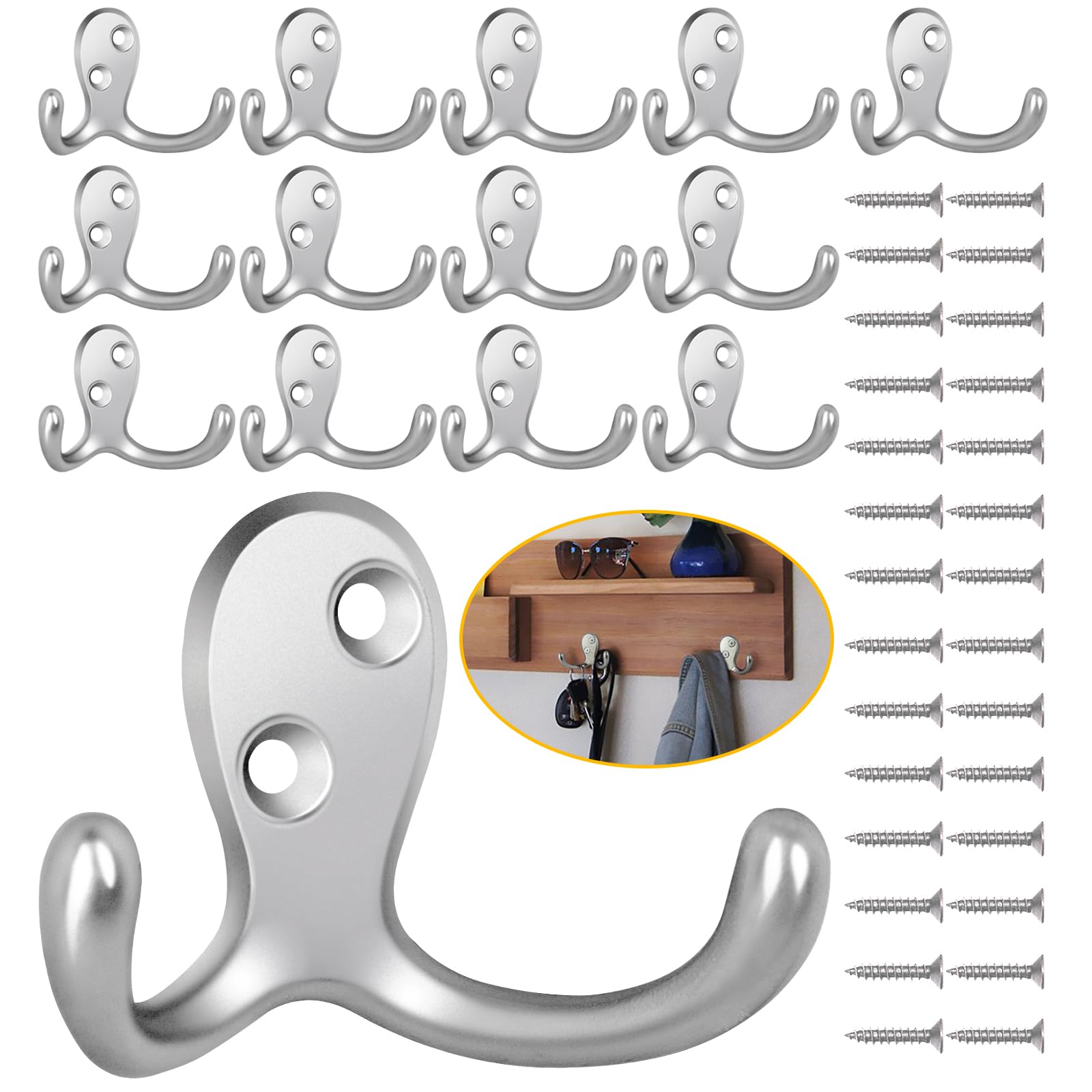 Photo 1 of Homanu 14 Pack Coat Hooks, Heavy Duty Double Prong Coat Hooks Wall Mounted with 28 Screws, No Rust Silvery Metal Wall Hooks for Hanging Towel, Coat, Bag, Hat, Cup, Key