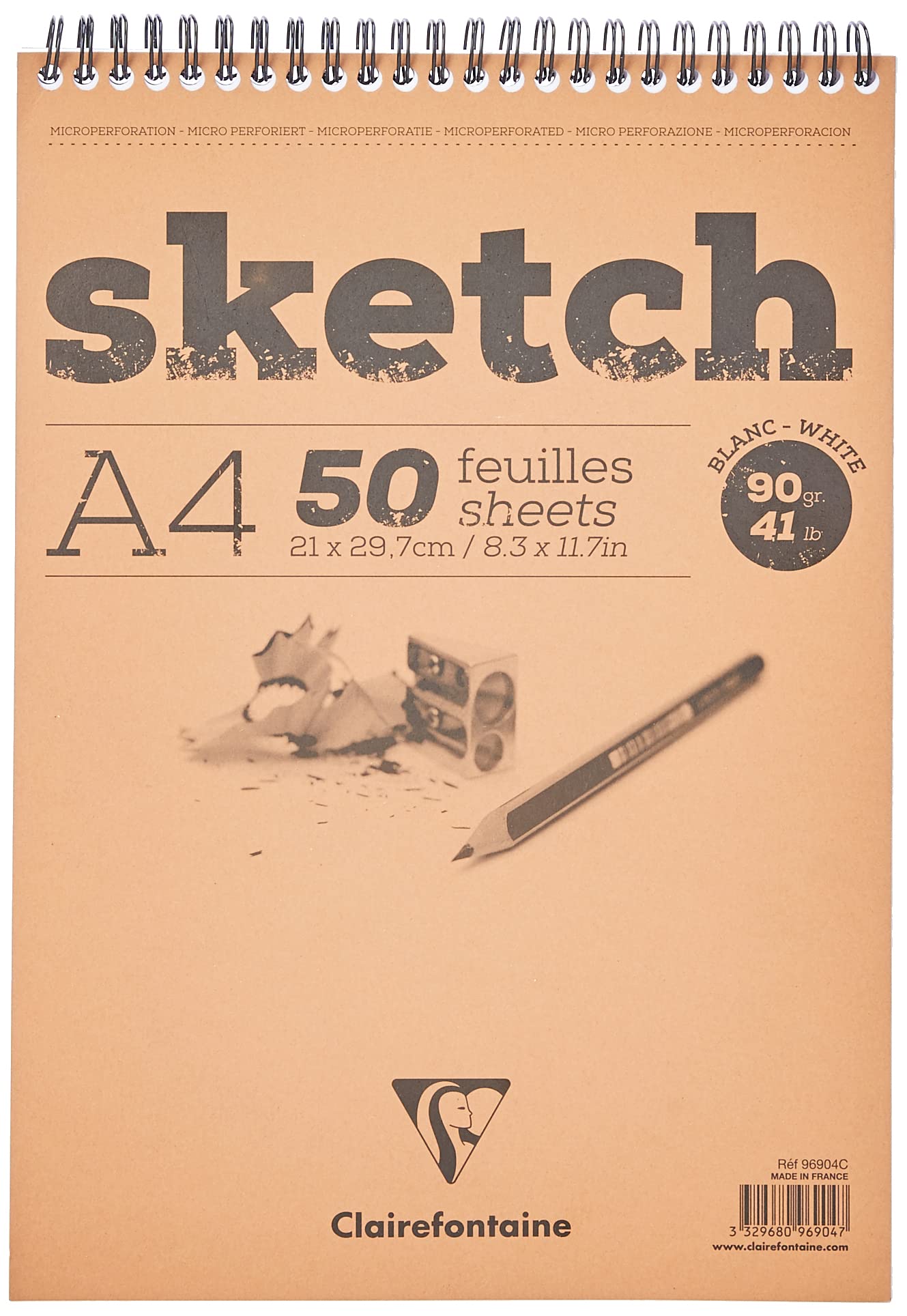 Clairefontaine - Ref 96904C - Head Wirebound Sketch Pad (50 Sheets) - A4 Sized, 90gsm Paper, Microperforated - Suitable for Sketching with Pencil, Charcoal & Felt Tip