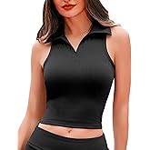 HyMeYou Women Workout Crop Top Built in Bra Ribbed Athletic Tank Tops Casual Sleeveless Collar Shirts Padded Sports Yoga Vest