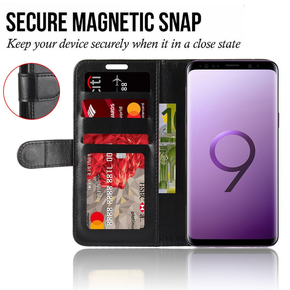 AROC Schutzhülle Samsung Galaxy S9, Brieftasche aus Hochwertigem Leder PU Schutzhülle für Handy, ultradünn und Multifunktional, Rundumschutz (Schwarz)