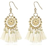 Bohemian Dangle Tassel Earrings for Women 14K Gold Plated Tassel Gold Ball Beads Hoop Fringe Chandelier Earrings Beaded Circle Hoop Boho Statement Earrings Handmade Party Jewelry Gift for Teen, Beige