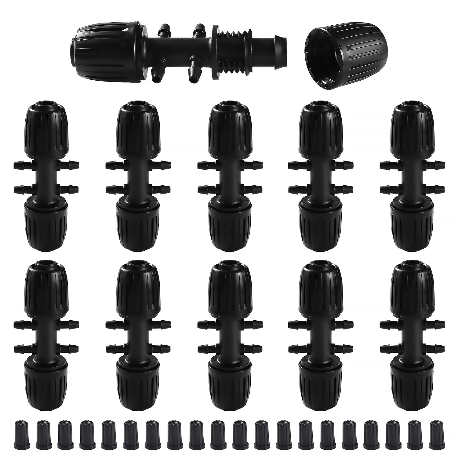 VooGenzek 10 PCS Barbed Tee Connector for Drip Irrigation, 6-Way Anti-Drop 13/16 mm to 4/7 mm Irrigation Tube Fitting, Barbed Tee Irrigation Tube for Lawn, Farm, Garden, Black