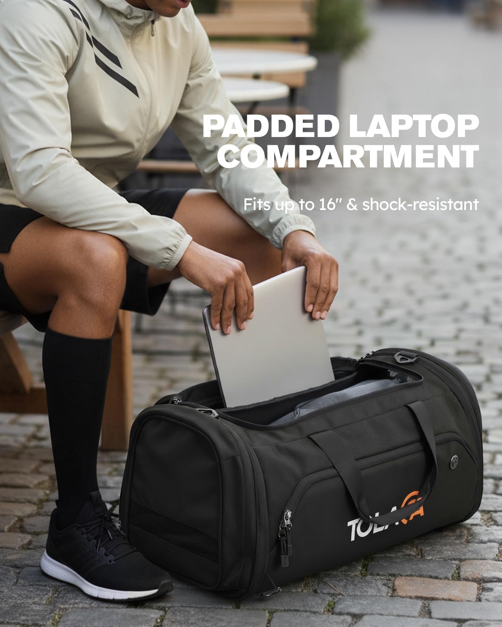 Tolaccea Sporttasche 56–70L für Herren & Damen– Erweiterbare Reisetasche mit Schuhfach & Nassfach, als Rucksack tragbar, für Fitness, Gym, Schwimmen, Fußball, Reisen (Schwarz) 8