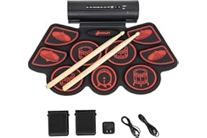 MEDIMALL 9-Pad Electronic Drum Set, Roll-Up Digital Drum Kit with 2 Stereo Speakers, 2 Foot Pedals, 2 Drum Sticks, Headphone Jack, MIDI Function, USB & MP3 Ports, Portable Drum Practice Pad (Red)