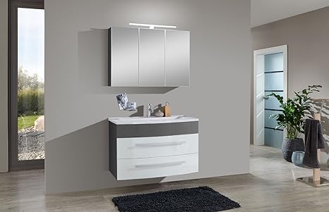 Sam Badmobel Set 2 Tlg Genf Hochglanz Weiss Grau Softclose Badezimmermobel Waschplatz 100 Cm Mineralgussbecken Spiegelschrank Amazon De Kuche Haushalt