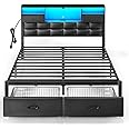 Rolanstar Bed Frame Full Size with Drawers and Charging Station, Upholstered Platform Bed with Storage Headboard and LED Light, Heavy Duty Metal Frame Support, No Box Spring Needed, Noise Free, Black