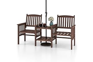 Tangkula Outdoor Fir Wood Loveseat with 2-Tier Side Table and Umbrella Hole, 2-Seater Patio Garden Bench with Armrests and Slatted Seats, Outdoor Table and Chairs Set for Porch and Balcony