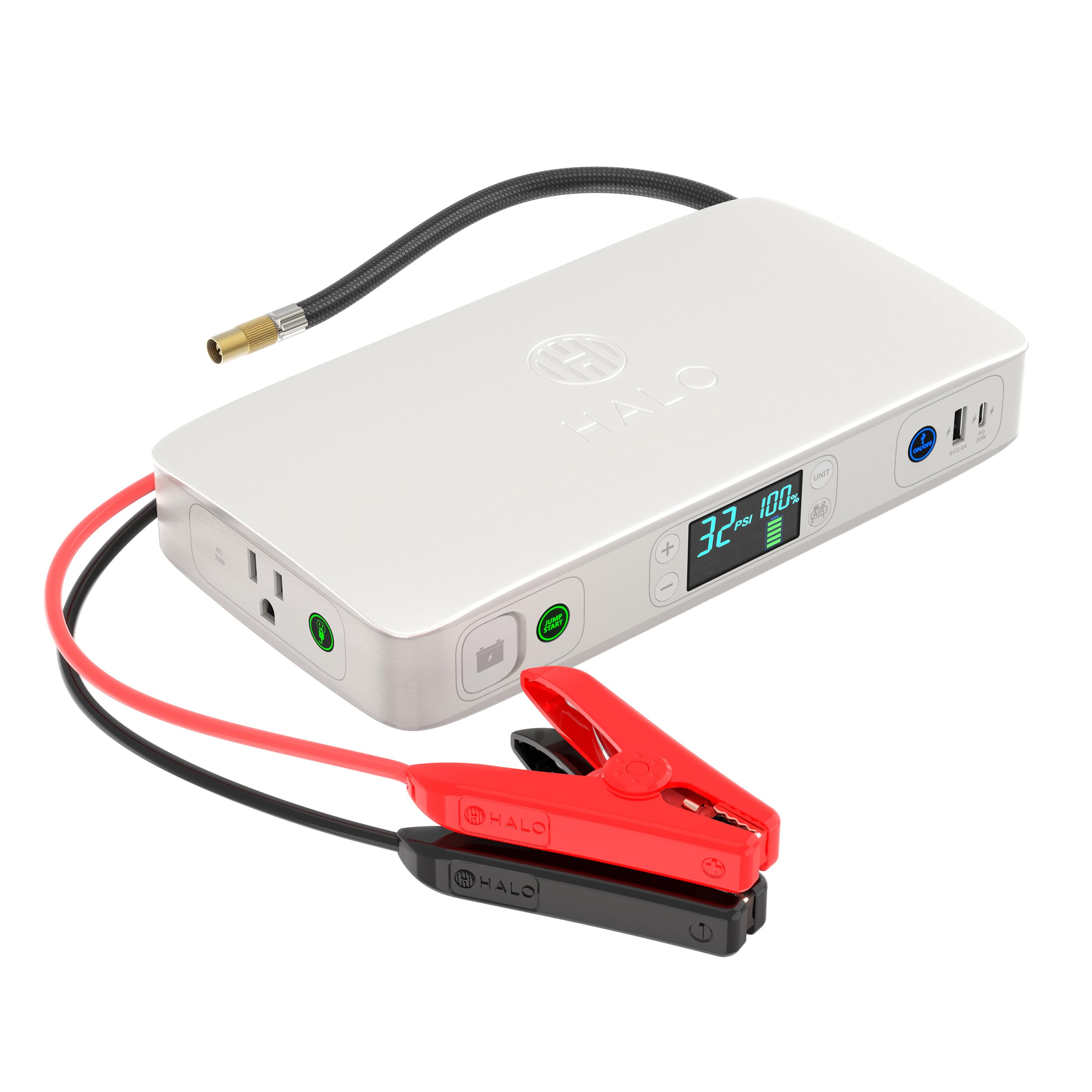 HALO Bolt Ultimate 2 Portable Car Battery Jump Starter | 130 PSI Air Compressor, 55.5Wh USB Power Bank with AC Outlet, Emergency Floodlight & Charger, Jumps Cars SUVs & Trucks, Inflates Tires — Gray Image