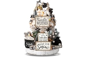 Pickmesh 24 Pcs Winter Tiered Tray Decor Rustic Snowman Table Decoration for Home Snowflake Table Shelf Winter Farmhouse Decor Xmas Trees Pine Signs for Christmas Shelf Kitchen(Black)
