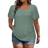 ROSRISS Plus-Size-Tops for Women Summer Puff Short Sleeve Shirts Asymmetrical Neck Cute Eyelet Tees