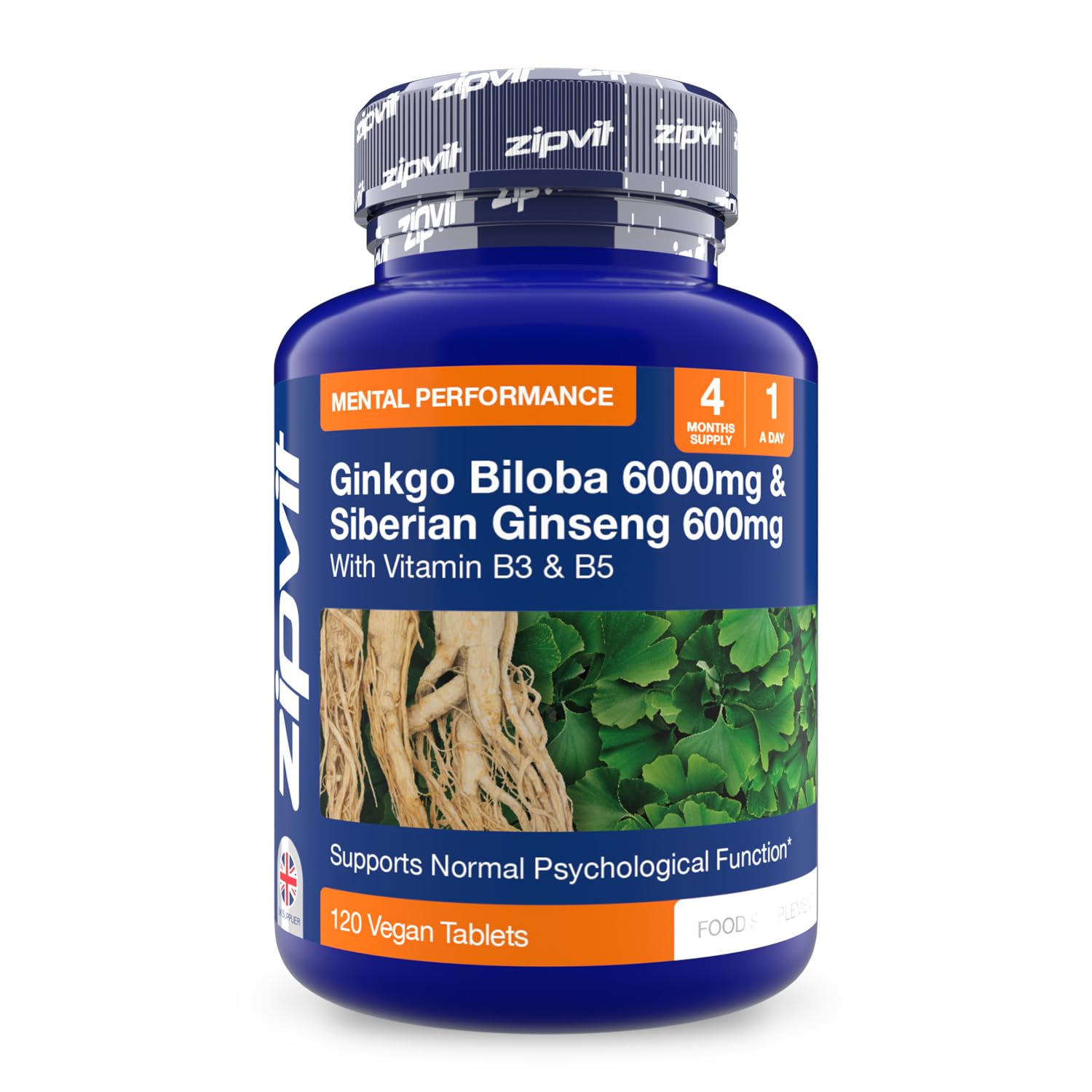 Zipvit Ginkgo Biloba 6000mg & Siberian Ginseng 600mg with Vitamin B3 & B5, Supports Energy & Mental Performance. 4 Months Supply, 120 Vegan Tablets, 1 a Day.