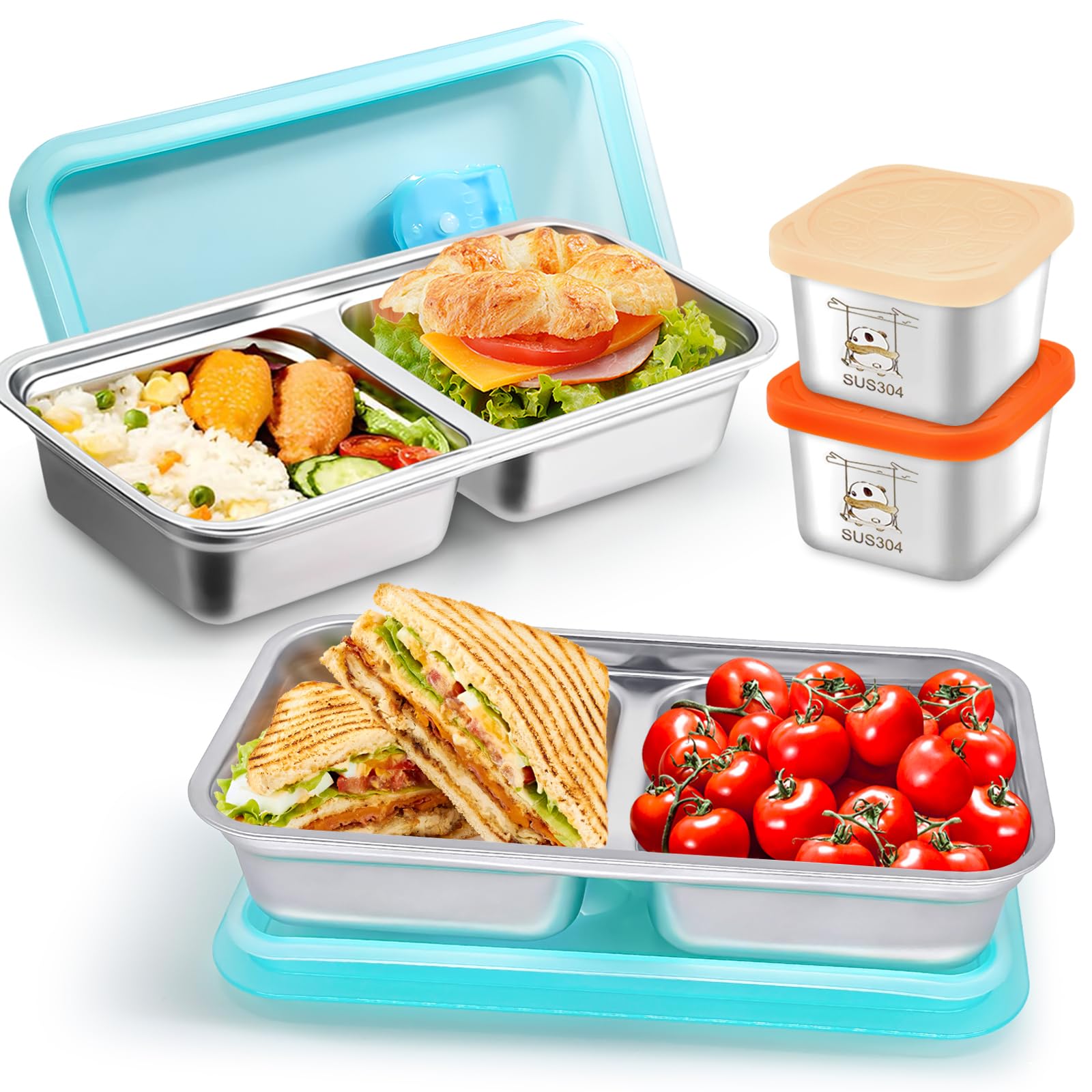 Photo 1 of 4PCS Stainless Steel Snack Containers — Double Compartment Lunch Boxes + 2 Small Sauce Cups | 304 Food-Grade | Reusable, Stackable & Dishwasher Safe | Leak-Resistant Lids for Travel, Kids Lunches