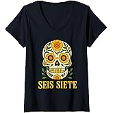 Womens SEIS Siete Mexican Los Muertos Calaveras Sugar Skull 67 Boys V-Neck T-Shirt