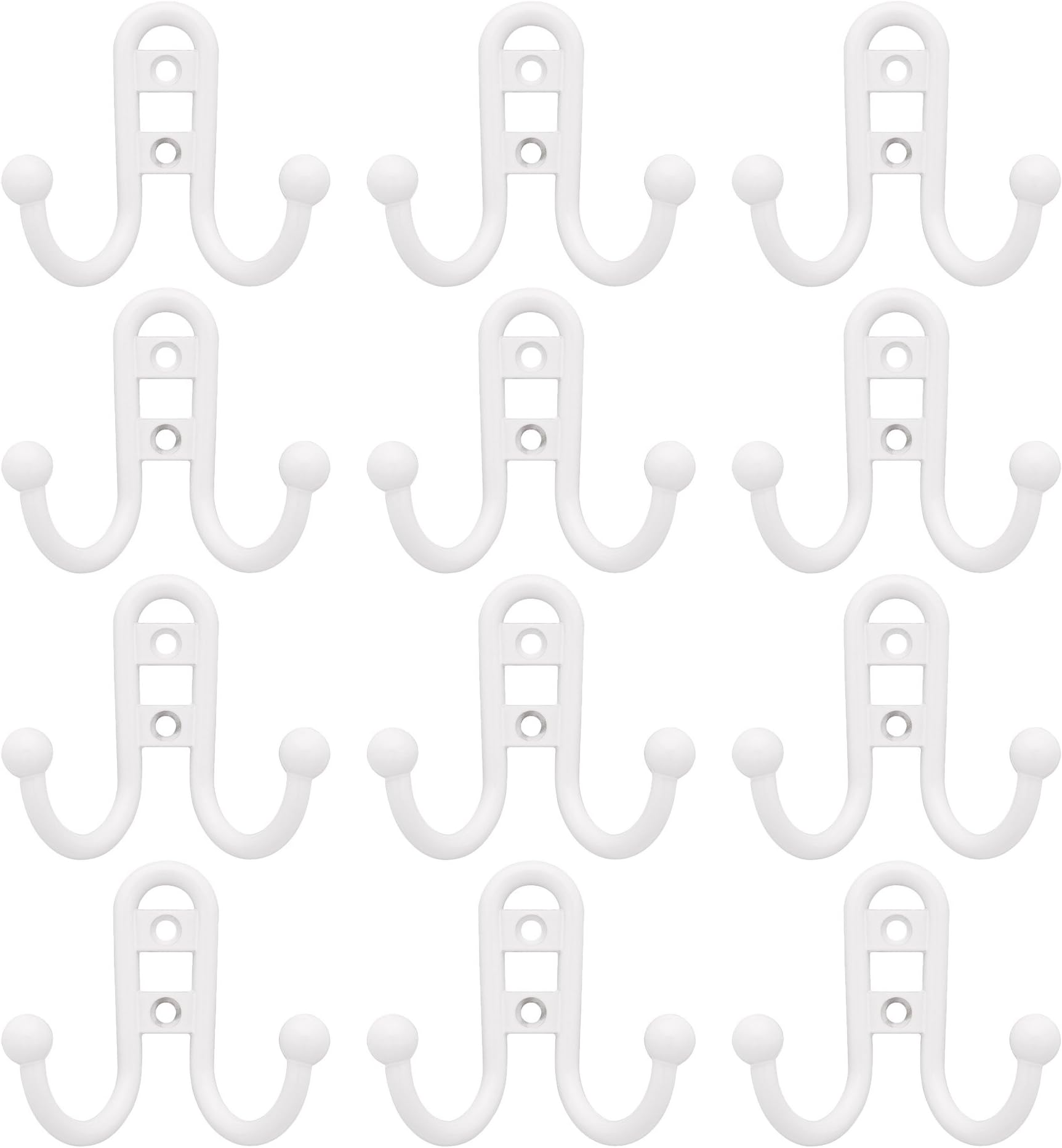 Set of 12 Allison Double Robe Hooks! White With Ball End - 3" W x 2.5" H x 1.25" D - Perfect for any Home or Business!