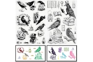 CRASPIRE 2 Styles Raven Clear Stamps Crow Book Skull Gothic Reusable Background Postmark Transparent Silicone Stamp Seals for Journaling Card Making Decor Halloween DIY Scrapbooking Supplies