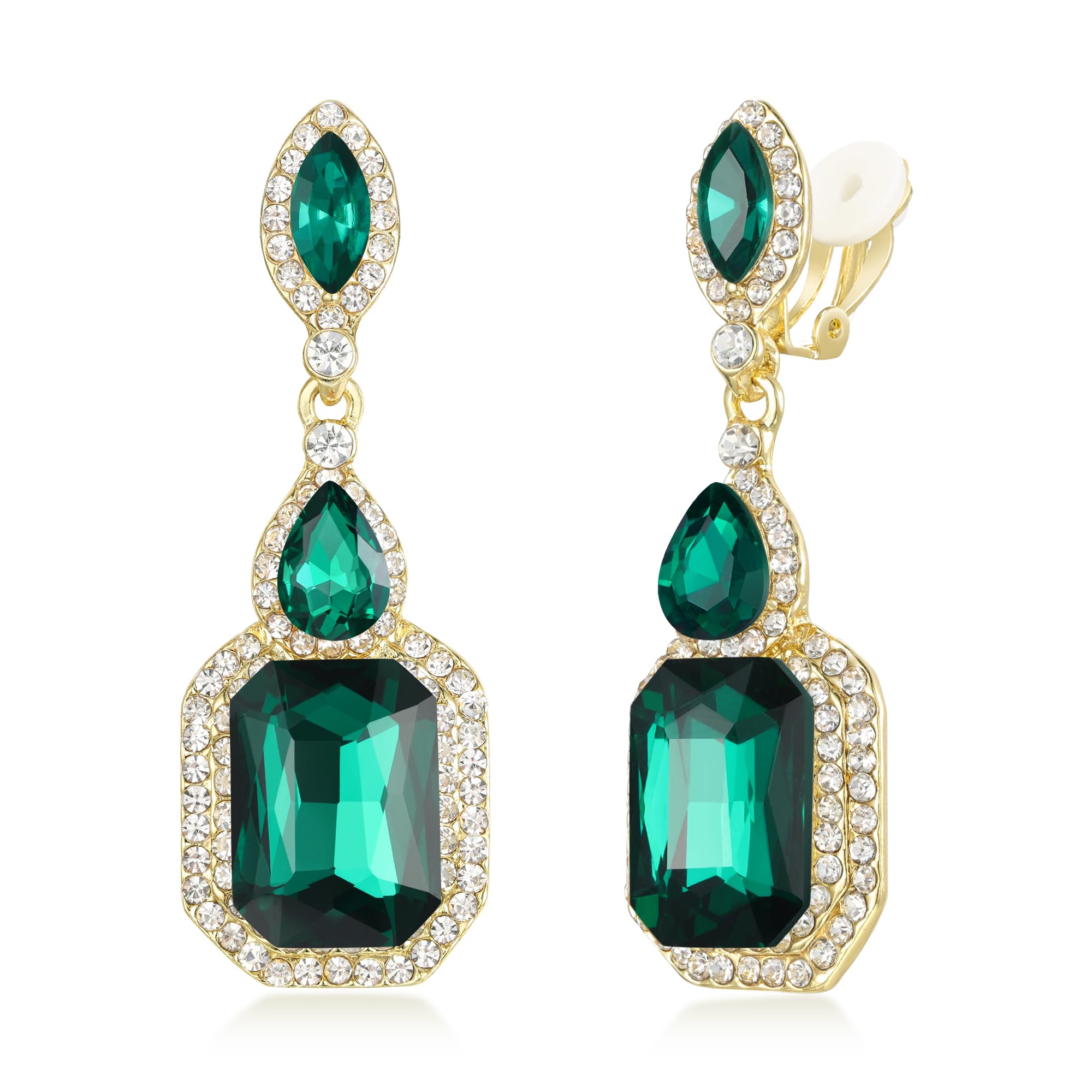 Clearine St Patricks Day Clip On Vintage Antique Crystal Diamante Non-Pierced Dangle Drop Wedding Bridal Statement Earrings Costume Jewellery for Women Emerald Colour Gold-Tone — image 1