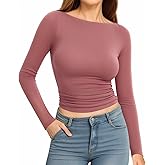 MANGOPOP Long Sleeve Shirts for Women Boat Neck Top Slim Fit T Shirt Tight Tops Tee