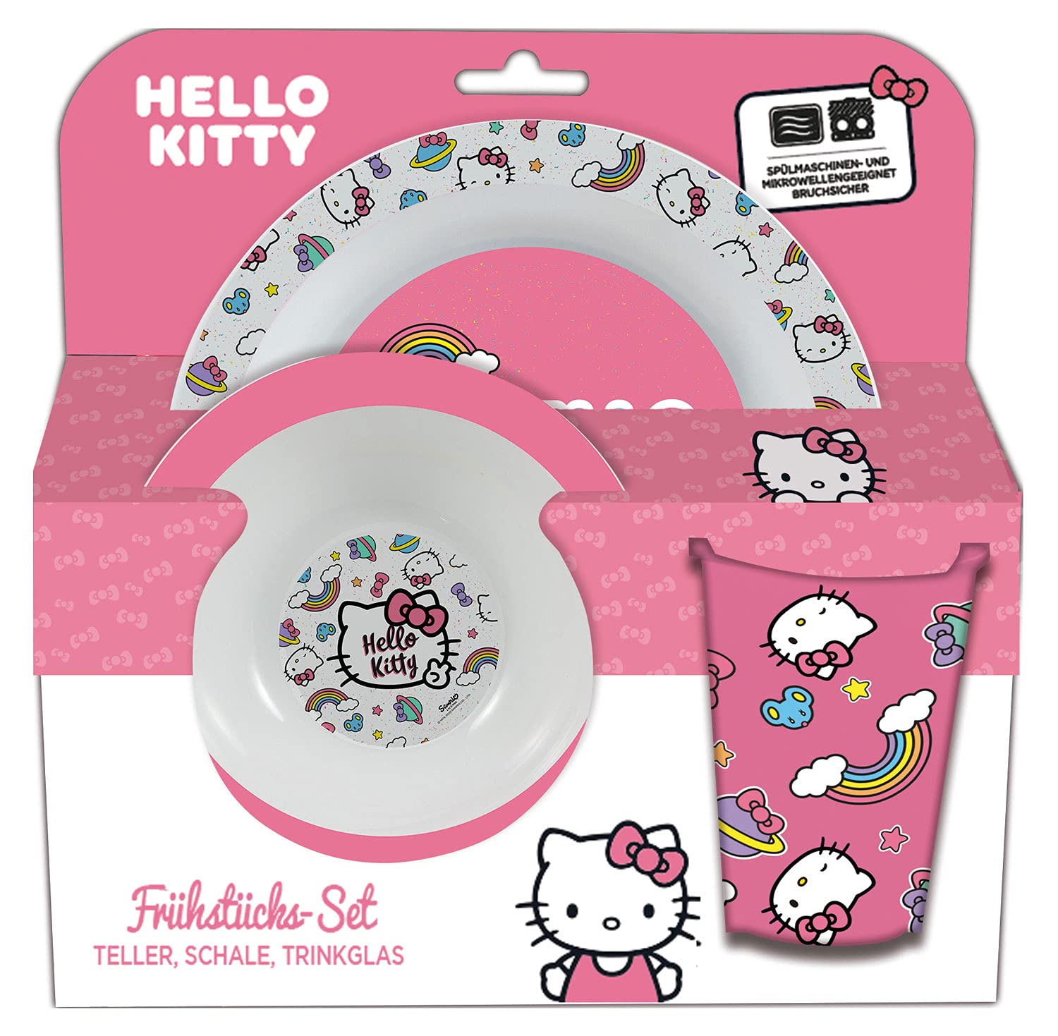Hello Kitty 3-Piece Breakfast Set with Plate, Bowl and Cup, Children's Plastic Crockery Set, Dishwasher and Microwave Safe
