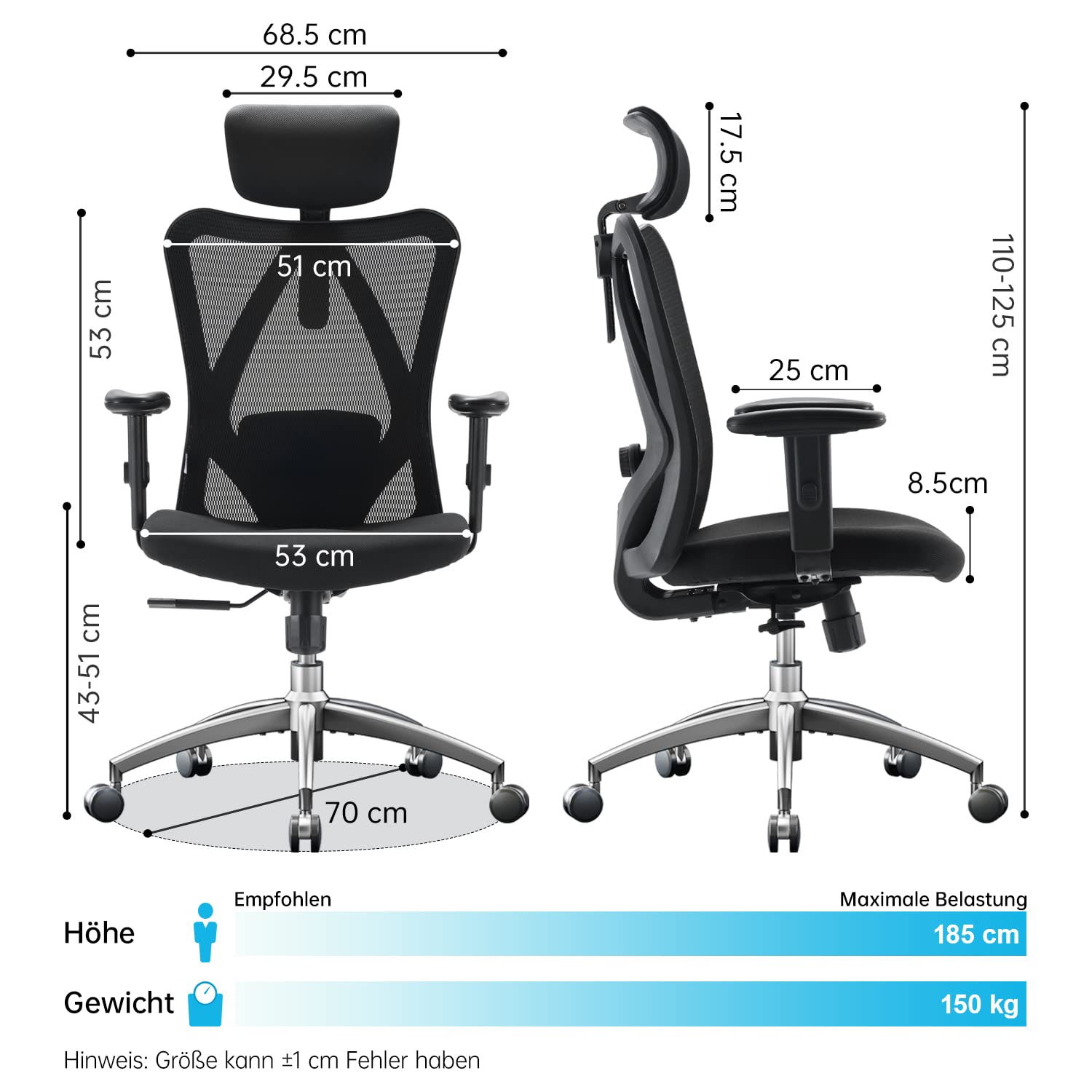 SIHOO Bürostuhl Ergonomischer Schreibtischstuhl, Drehstuhl hat Verstellbarer Lordosenstütze, Kopfstütze und Armlehne, Höhenverstellung und Wippfunktion, Rückenschonend, Bis 150kg/330LB Belastbar 9