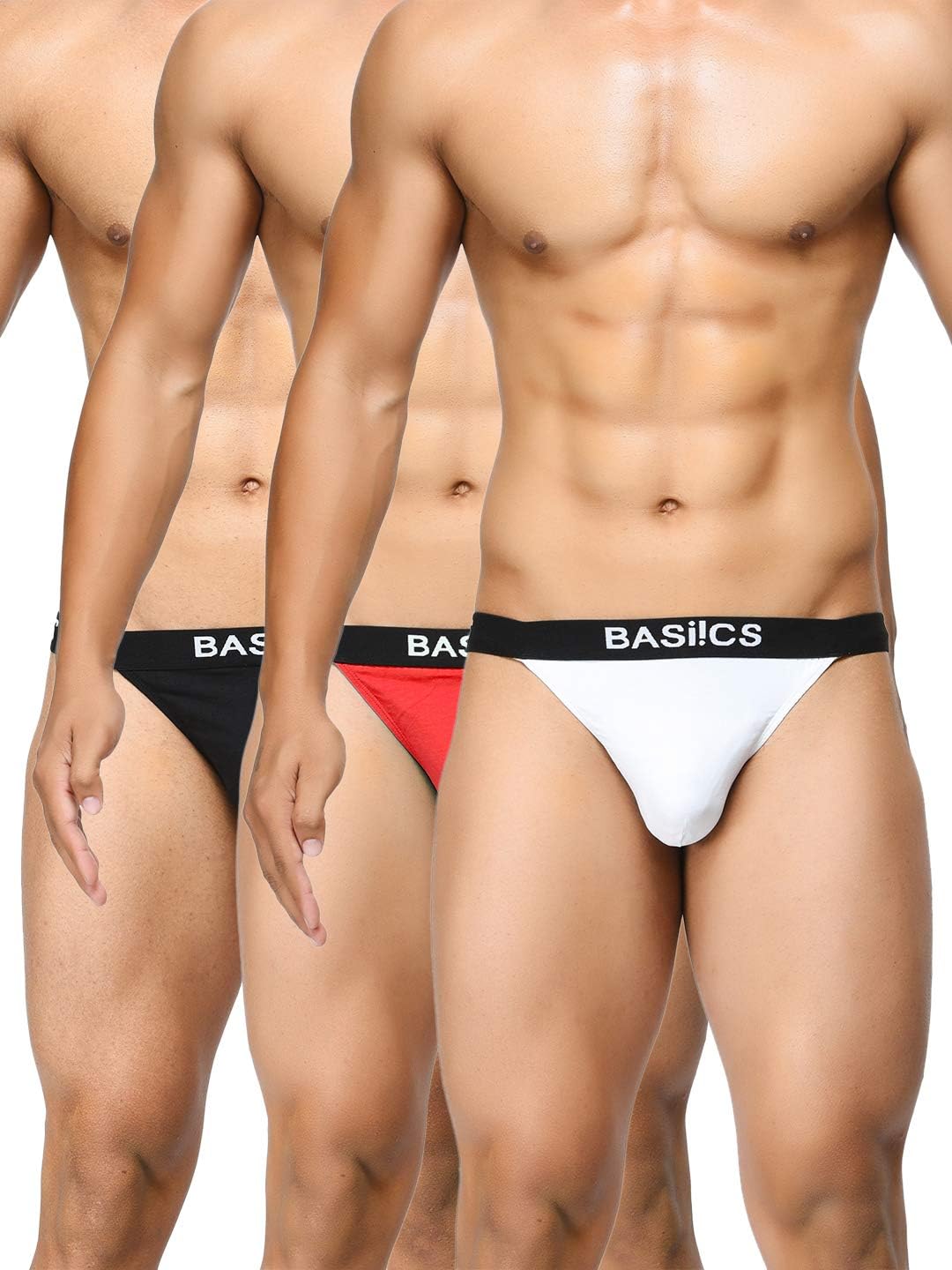 BASIICS by La Intimo Men's Black, Red, White Prime Thong (Pack of 3)