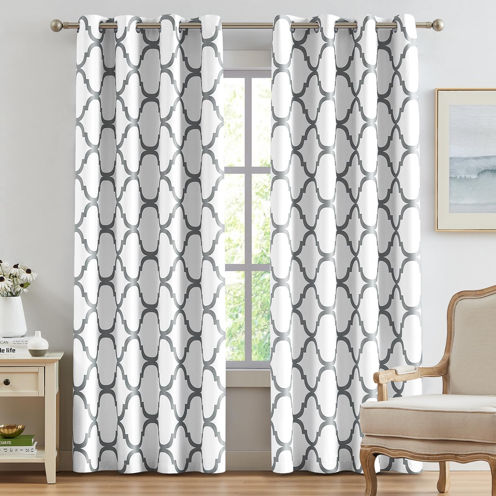 Melodieux Moroccan Printed Room Darkening Blackout Grommet Curtains for Living Room Bedroom, 52 by 84 Inch, Off White/Grey (2 Panels)