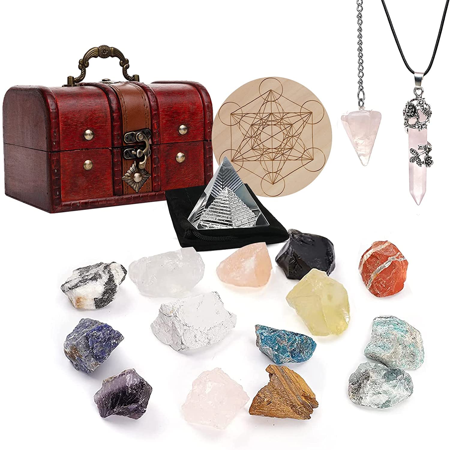 Soulnioi 18pcs Natural Crystals and Healing Stones Kits: 14PCS Raw Chakra Stones, Rose Quartz Necklace and Pendulum, Crystal Pyramid, for Beginners Wicca Reiki Yoga Meditation