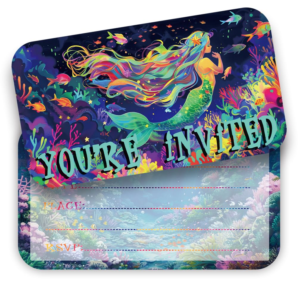 ZELAITE Mermaid Girls Party Invitations, 12PCS Mermaid Party Supplies Fill-in Invitations with Envelopes for Girls Birthday party (G)