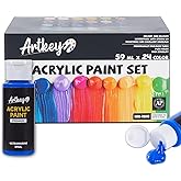 Artkey Acrylic Paint Set, 24 Colors 2 oz/59 ml Acrylic Paint Kit for Professional Artists & Beginners – Craft & Art Supplies for Canvas, Wood, Fabric, Rock, Leather, Ceramic, Glass, Easter Egg