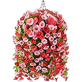 Homsunny Artificial Faux Hanging Flowers Plants Baskets for Outdoor Spring Summer Decorations,Resistant Fake Morning Glory Silk Plants for Outside UV Resistant Patio Yard Home Porch Decor(Rose red)