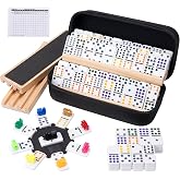 Mexican Train Dominoes Set 4 Wooden Racks Double 12 Game 91 Dot Tiles | 9 Colorful Trains, Center Hub, Score Pad, 3 Slot Slanted Trays, Portable Storage Case, Classic Family Board Game