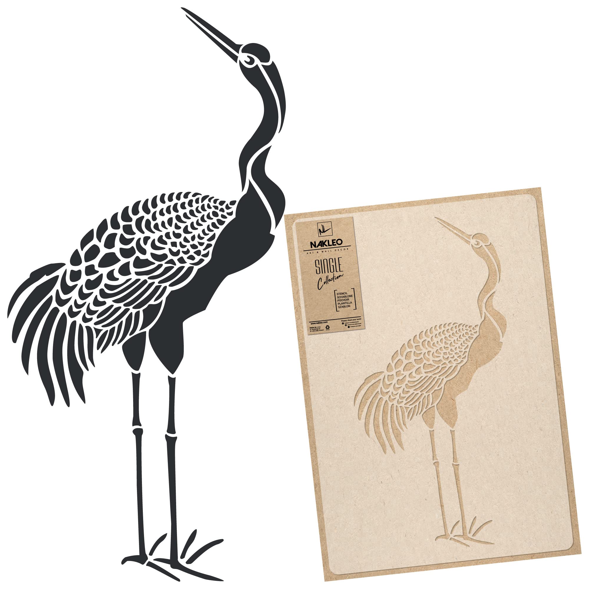 NAKLEO Large Wall Painting Stencil 43x64 cm, Japanese Standing Crane Art Deco Oriental Pattern, Reusable Plastic Template, DIY Art and Craft Home Decor, Floor Wood Fabric Furniture