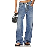 PLNOTME Womens Baggy Wide Leg Jeans Boyfriend Drawstring High Waisted Mom Denim Pants with Pockets