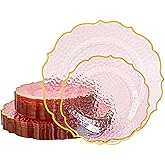 N9R 120 Clear and Pink Plastic Plates, Pink Disposable Plate with Gold Rim, Stone Texture Plate, Include 120 Dinner & Dessert Plates for Wedding, Party