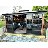 PURPLE LEAF Sunroom 12' x 14' Solarium Double Roof Gazebo, Sliding Doors | Luxury Wood-Grain Aluminum No Maintenance, Galvanized Steel Stays Cool, Panel Storage Rack Keeps Tidy, Room for Sofas &amp; Spas