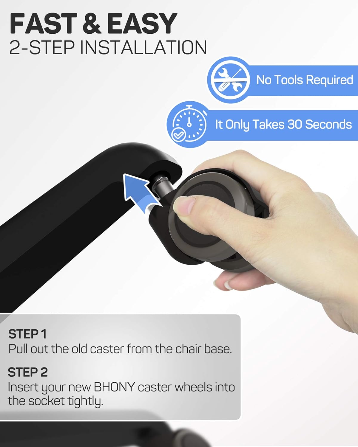 Universal Office Chair Casters Wheels, BHONY 2'' Stem Caster Wheels Replacement Set of 5, Standard Heavy Duty Stem Desk Chiar Wheels for All Floors, Support Up to 330lbs : Office Products