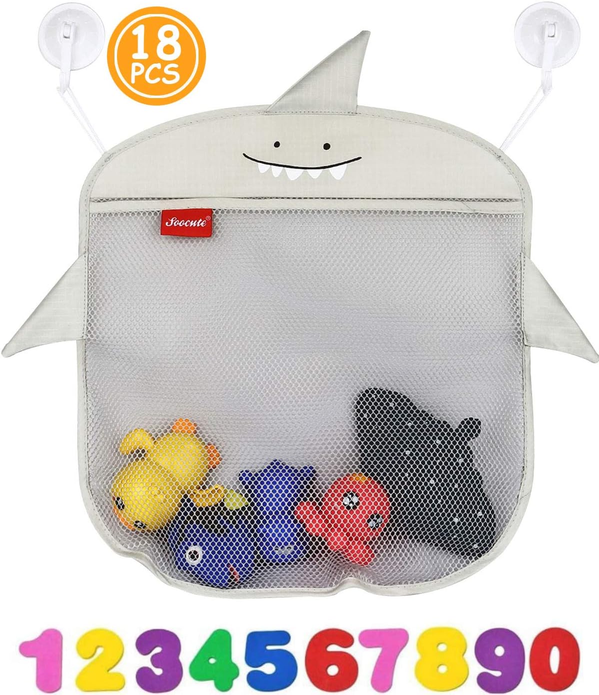 2X Bath Toy Organizer Baby Toy Holder | Mesh Bathtub Storage Bag Shower Tub Container For Toddlers | Net Bathroom Caddy With 6 Strong Suction Cup Hook | Bonus 10 Foam Numbers (Baby Shark Grey)