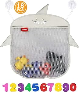 2X Bath Toy Organizer Baby Toy Holder | Mesh Bathtub Storage Bag Shower Tub Container For Toddlers | Net Bathroom Caddy With 6 Strong Suction Cup Hook | Bonus 10 Foam Numbers (Baby Shark Grey)