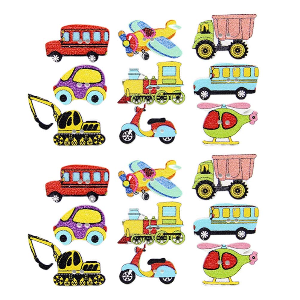 EXCEART 100Pcs Wooden Buttons 1.18 Inch Mixed Color Car Plane Train Aeroplane Novelty Buttons for Crafting DIY Clothes Sewing Scrapbooking