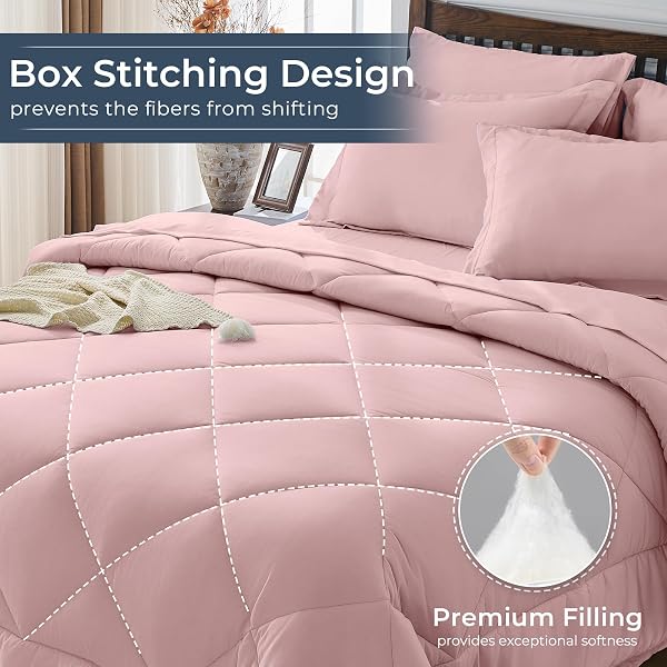 HEVUMYI DUSTY PINK FULL COMFORTER SET – 7-PIECE ALL SEASON BED IN A BAG FULL, ULTRA SOFT BEDDING SET WITH COMFORTER, FLAT SHEET, FITTED SHEET, PILLOWCASES, PILLOW SHAMS