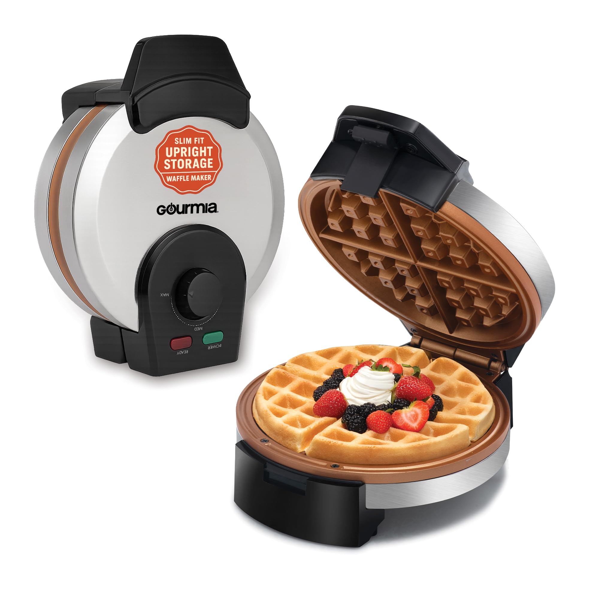 Photo 1 of ***DIRTY & SCRATCHED FROM HEAVY USAGE*** Gourmia Belgian Waffle Maker – Compact Design with Upright Storage, Adjustable Browning, and Easy-Clean Nonstick Ceramic Plates, Stainless Steel