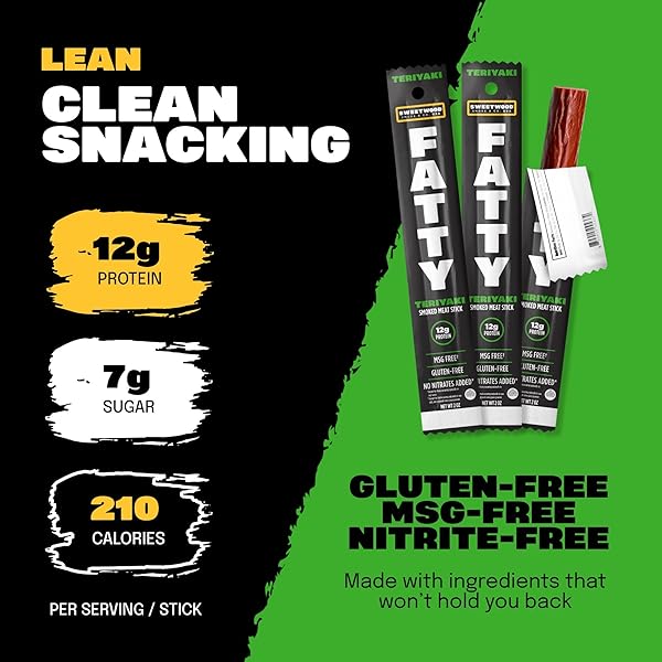 FATTY MEAT STICKS, MADE WITH GRASS FED BEEF, PORK RAISED WITHOUT ANTIBIOTICS, 12G PROTEIN PER STICK, TERIYAKI, 2 OZ.