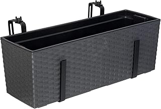 Kreher XL Balkonkasten, Pflanzkasten mit Wasserspeicher im Rattan Design aus Kunststoff in Anthrazit. Mit Flexibler Metallhalterung. Maße 56 x 18,5 x 19,5 cm.