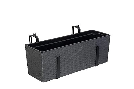 Kreher XL Balkonkasten, Pflanzkasten mit Wasserspeicher im Rattan Design aus Kunststoff in Anthrazit. Mit Flexibler Metallhal