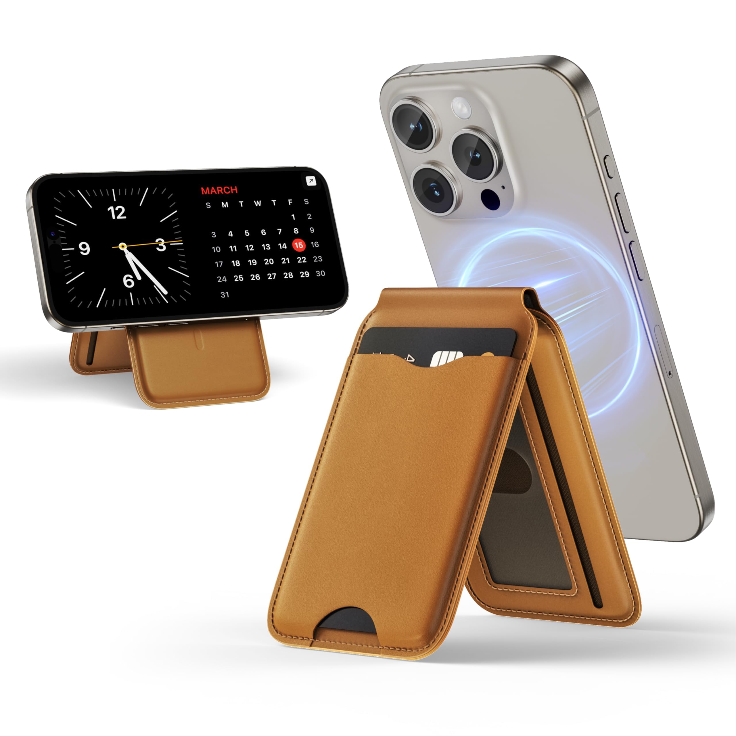 LULULOOK Phone Card Holder with Magsafe Wallet Stand, Magnetic Wallet for iPhone 17/16/15/14/13/12 Series, Full Grain US Leather iPhone Adjustable Stand, 3 Card Holders(Tan)