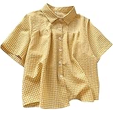 SweatyRocks Women's Short Sleeve Gingham Plaid Button Down Shirts Loose Collared Blouse