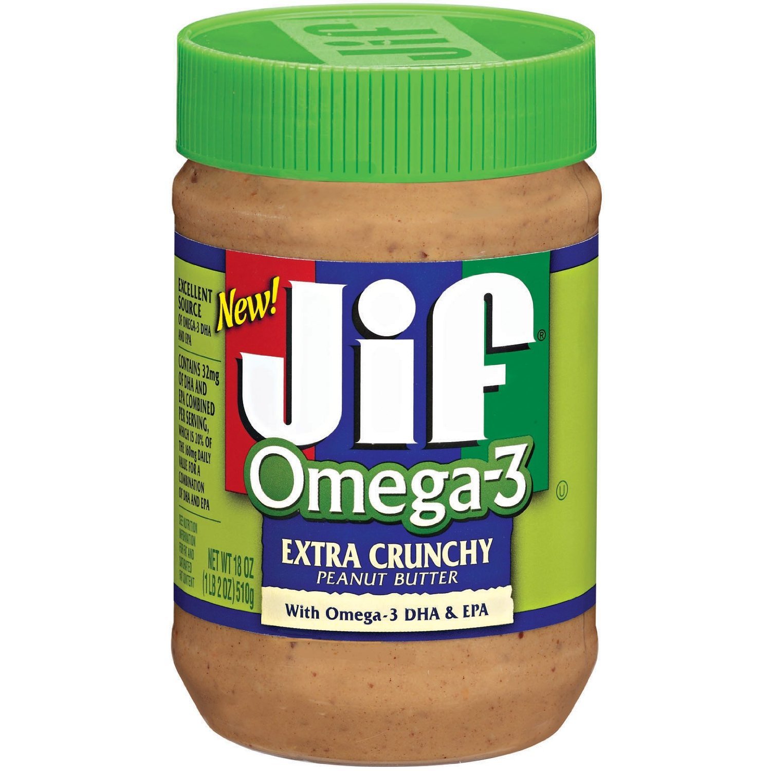 Jif, Omega3, Extra Crunchy Peanut Butter, 18oz Jar (Pack