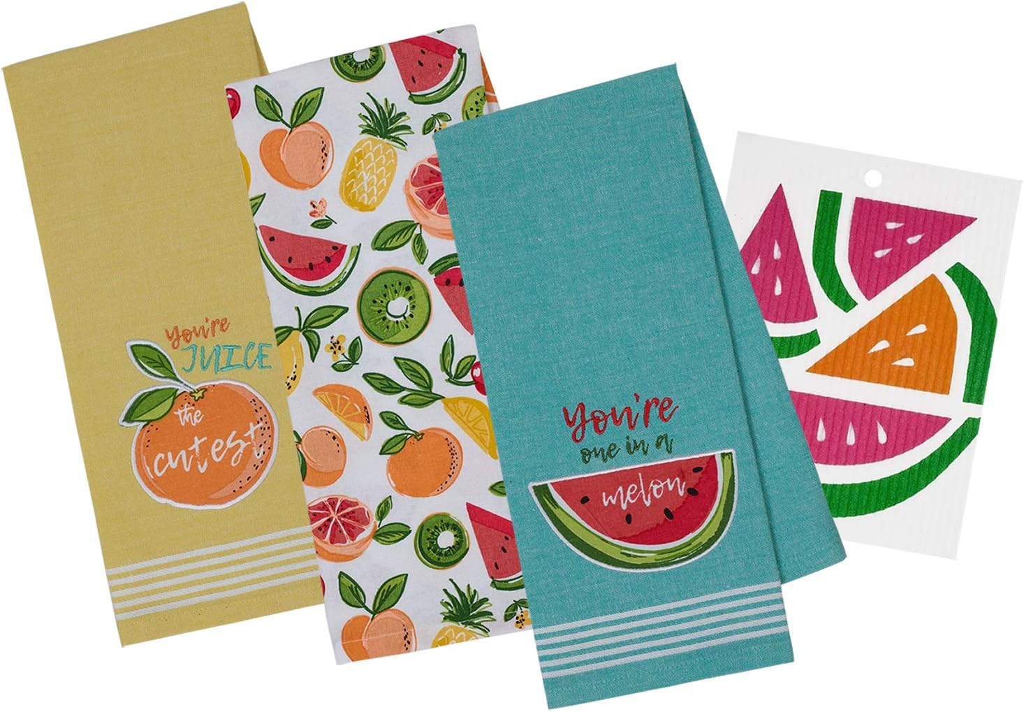 Pineapple, Watermelon, Orange Fruit Themed Decorative Cotton Kitchen Towels | Tropical Beach Style Print | Towel Set for Dish and Hand Drying | Includes Swedish Dishcloth