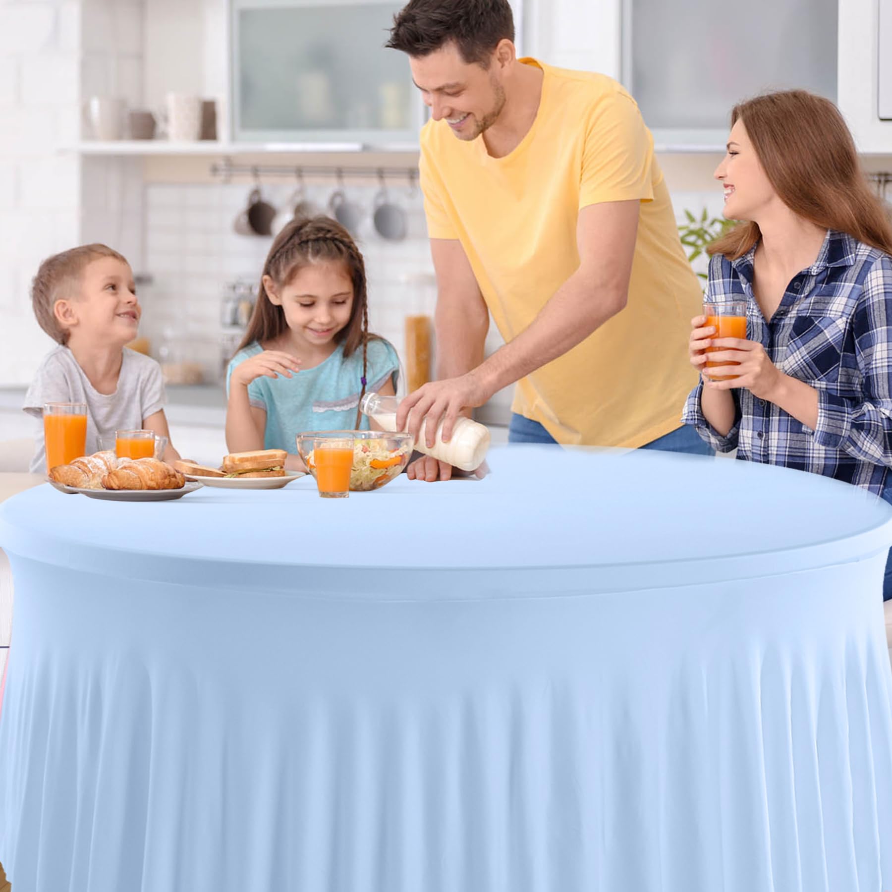 GALLETY Baby Blue Table Cloth for 5FT Round Tables, Fitted Spandex 120 inch Round Tablecloth, Wrinkle Free Table Skirt for Receptions Birthday Photography Party Social Events Baby Showers Decorations